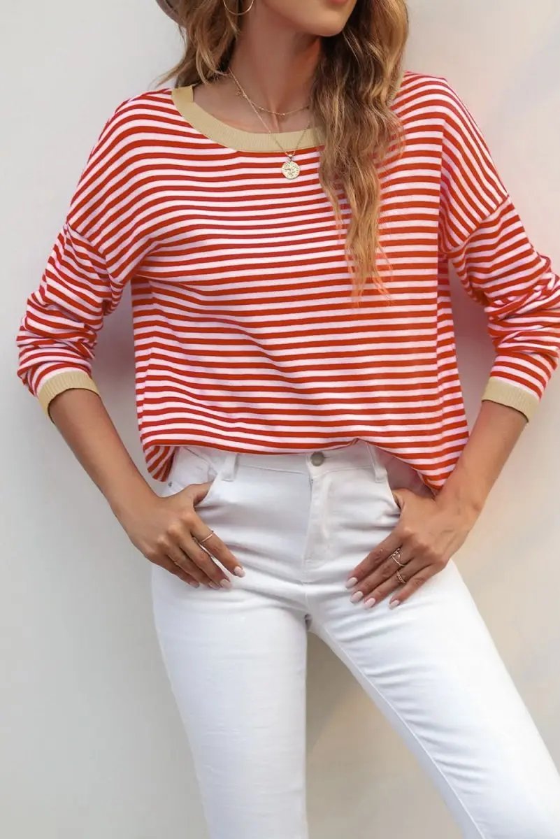 Fiery Red Contrast Trimmed Striped Drop Shoulder Sweater - Love Salve